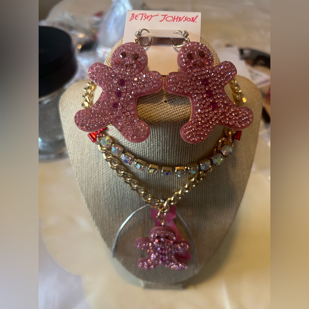 Betsey Johnson Pink Gingerbread Earrings and Necklace Set